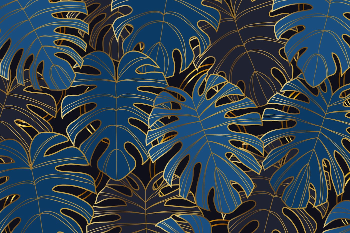 Papier peint feuillage tropical gris, bleu et doré