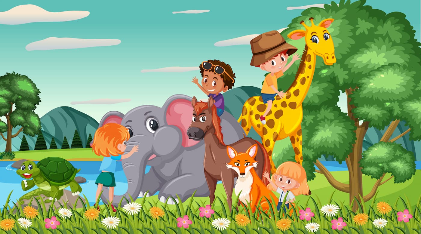 Papier peint animaux savane et enfant