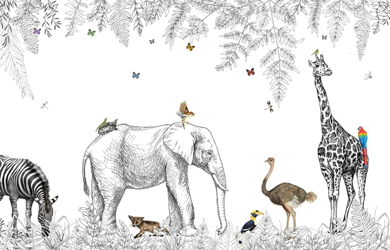 Papier peint noir et blanc animaux tropicaux