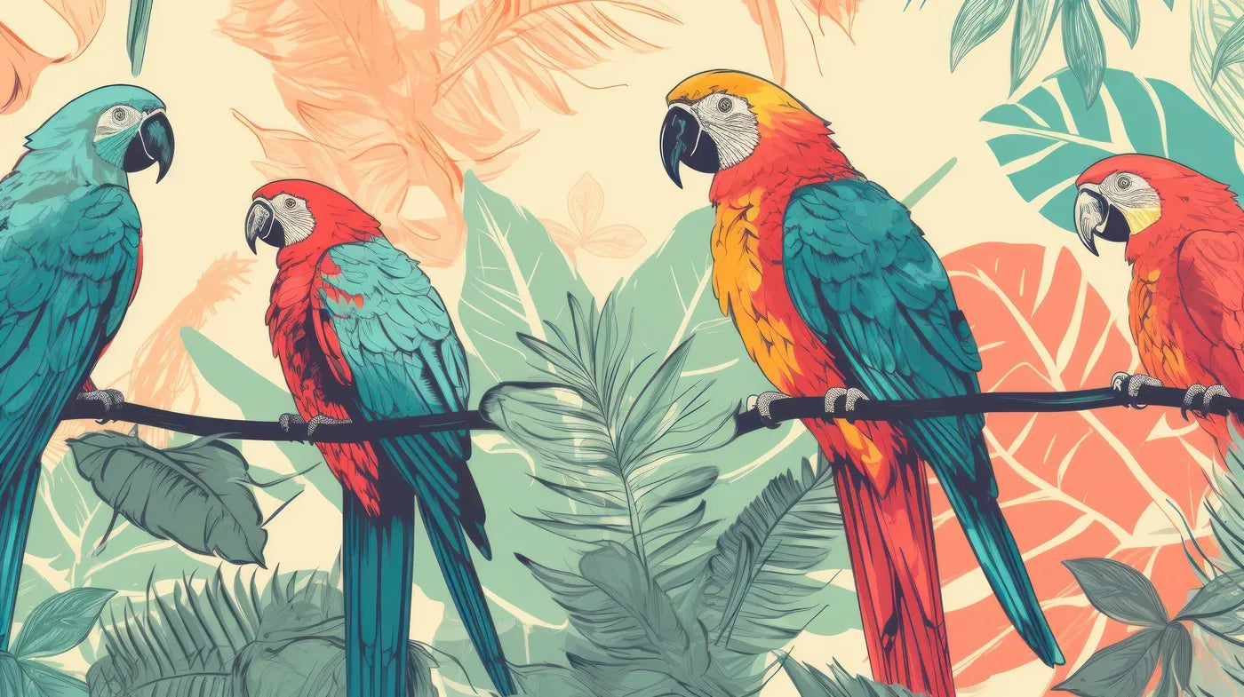 Papier peint plantes tropicales et perroquets