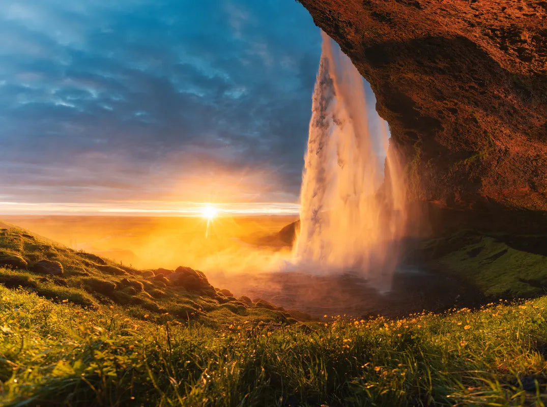 Papier peint panoramique cascade et coucher de soleil