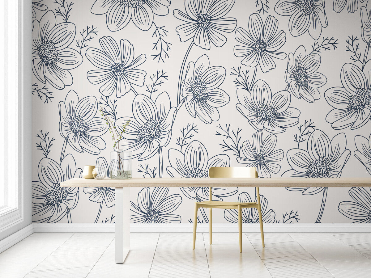 Papier peint mur de fleurs noir et blanc