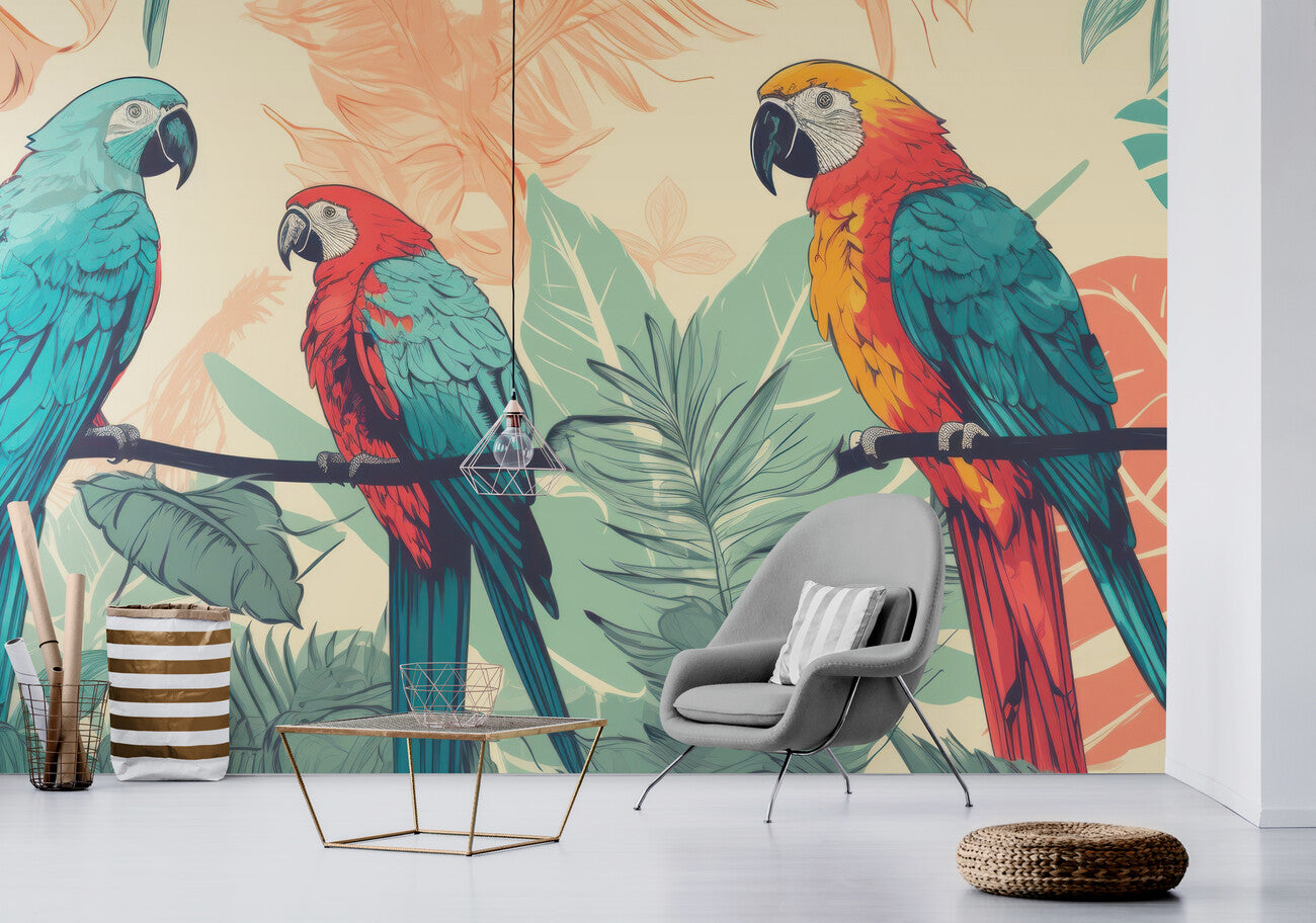 Papier peint plantes tropicales et perroquets