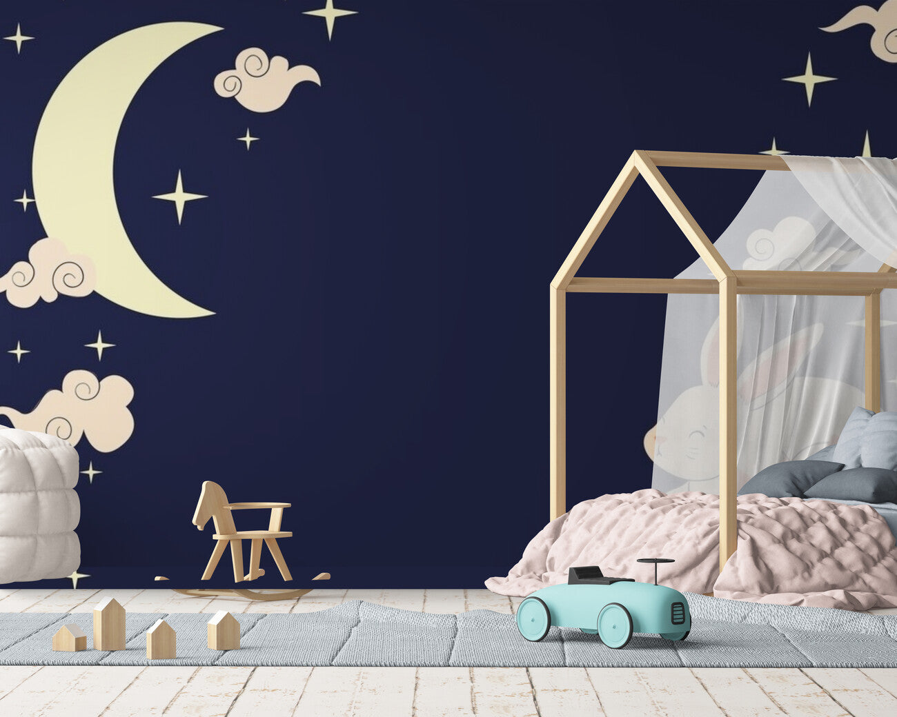 Papier peint enfant ciel étoilé et lapins