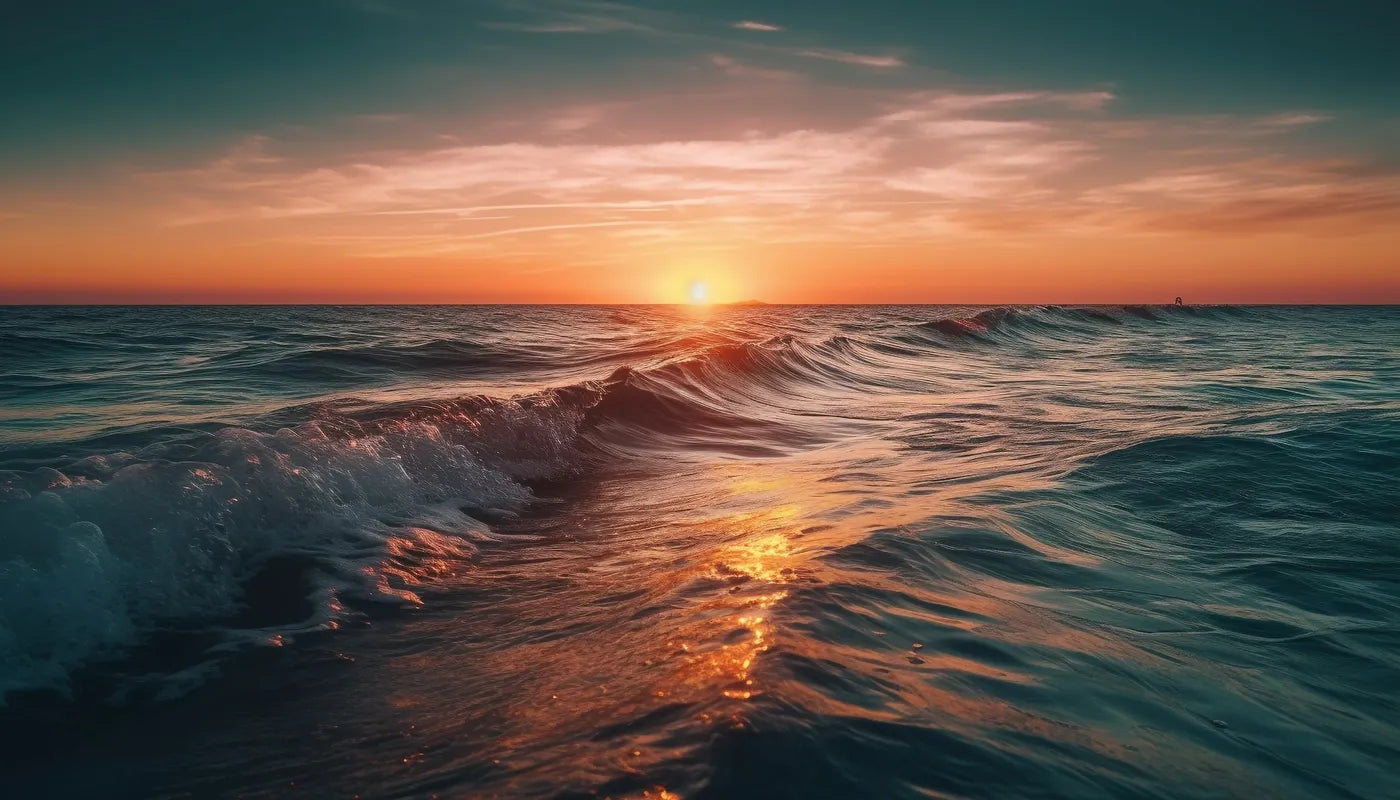 Papier peint panoramique coucher de soleil et vagues