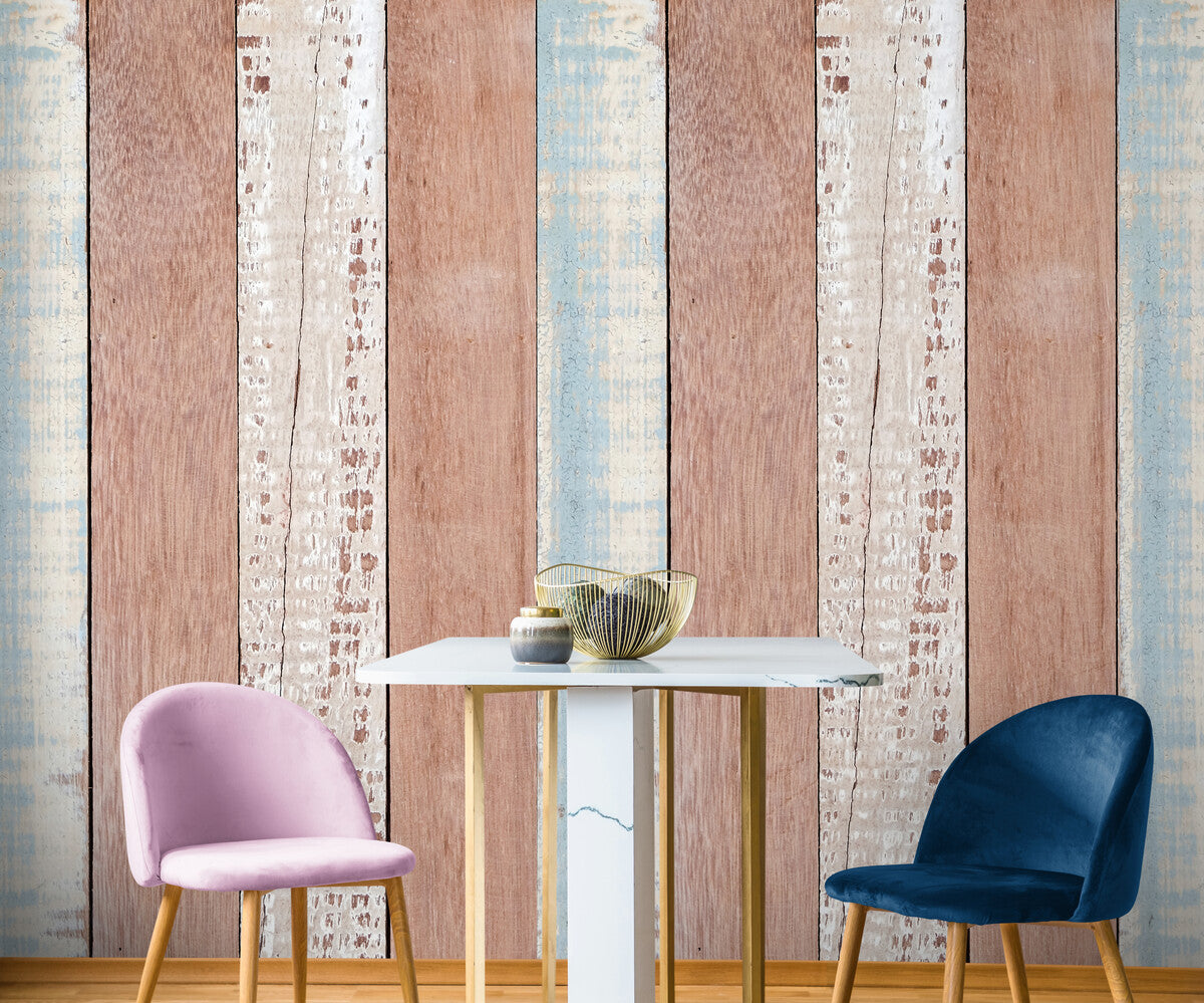 Papier peint planches de bois marron, bleu et blanc