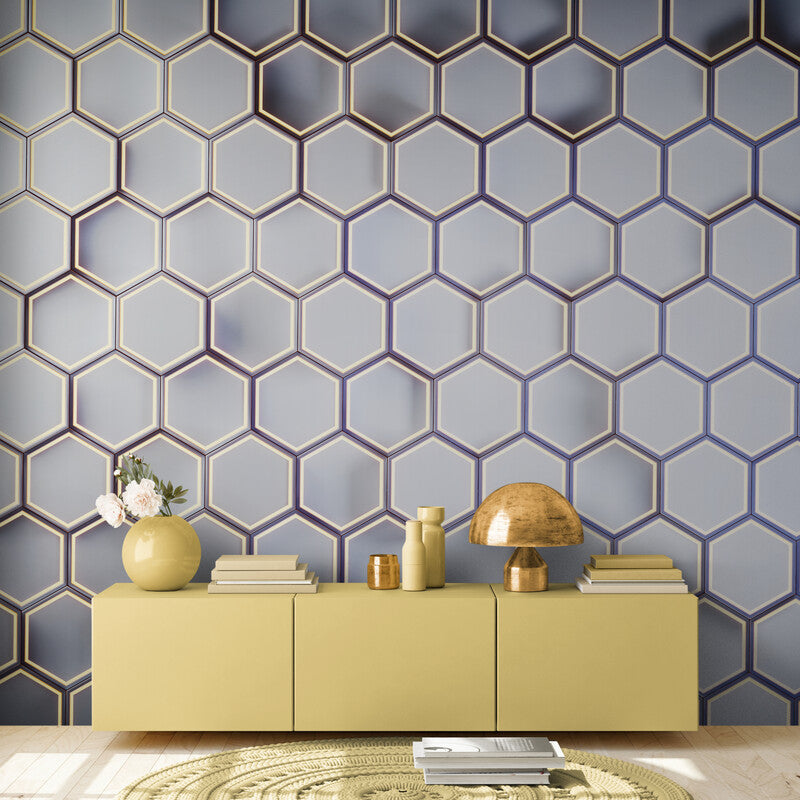 Papier peint géométrique hexagone gris et doré