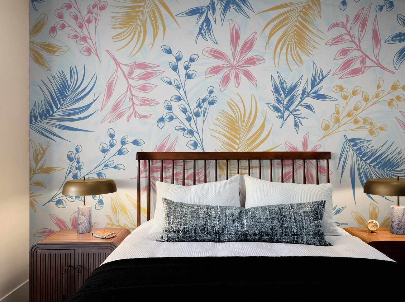 Papier peint floral bleu, rose et blanc