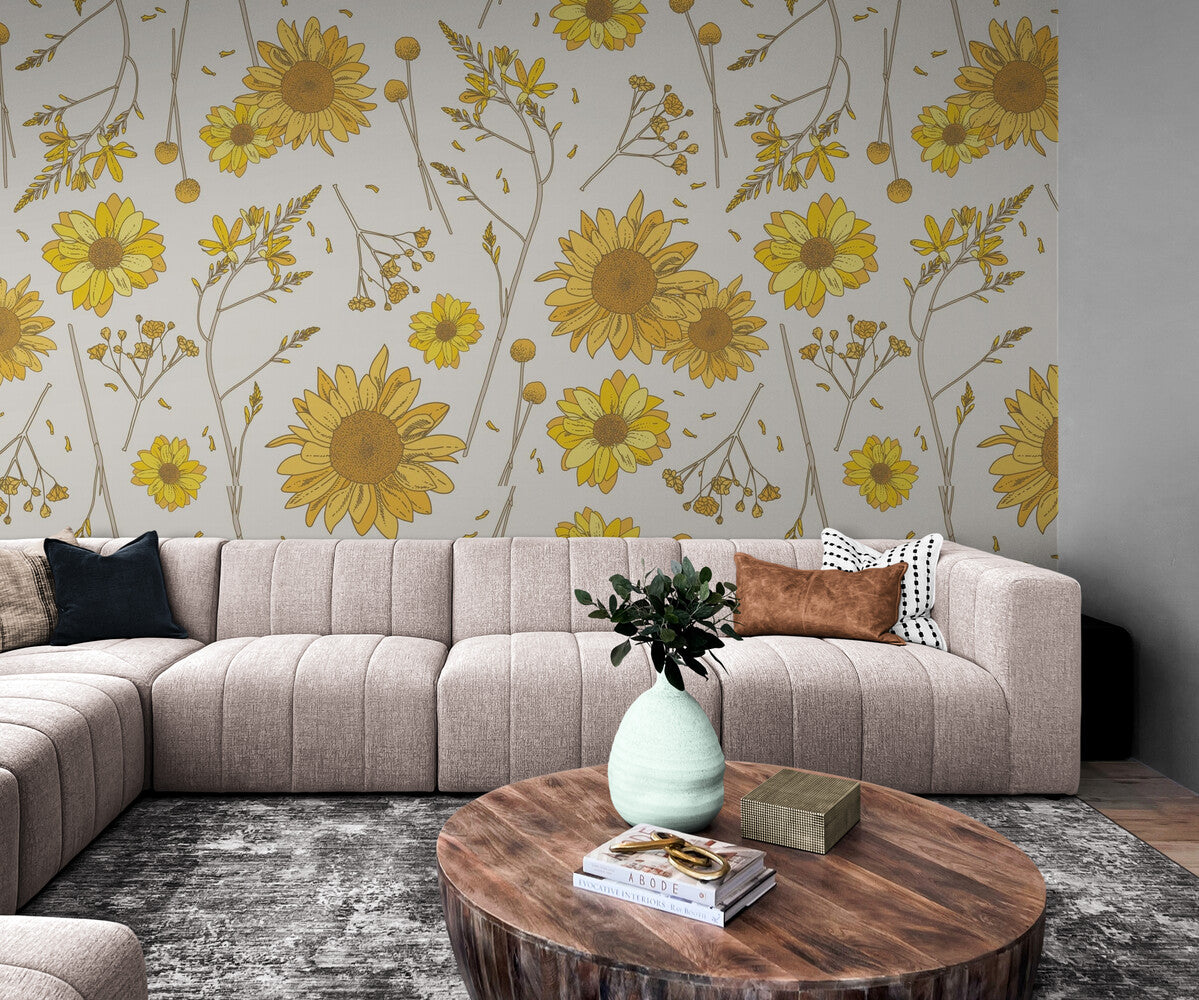 Papier peint marguerites jaunes vintage