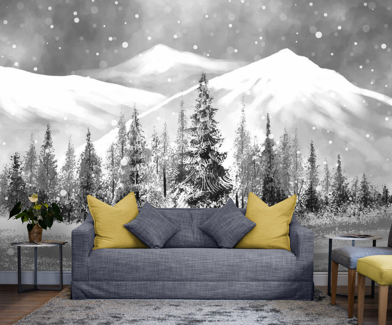 Papier peint noir et blanc forêt enneigée