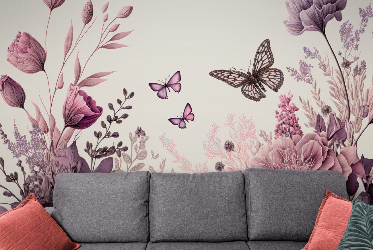 Papier peint floral et papillons