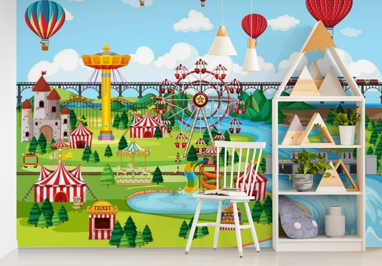 Papier peint enfant grande roue et montgolfières