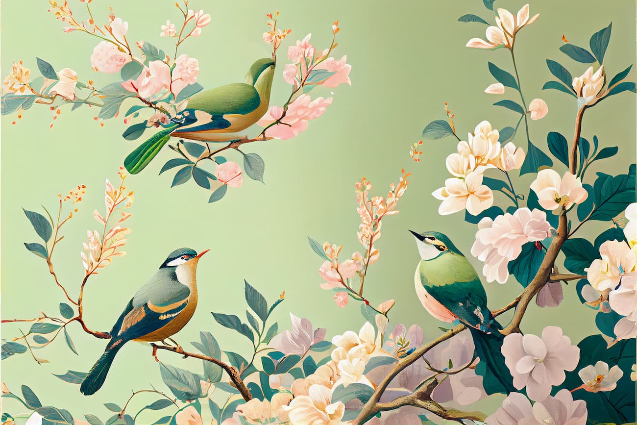 Papier peint cerisier fleuri et oiseaux