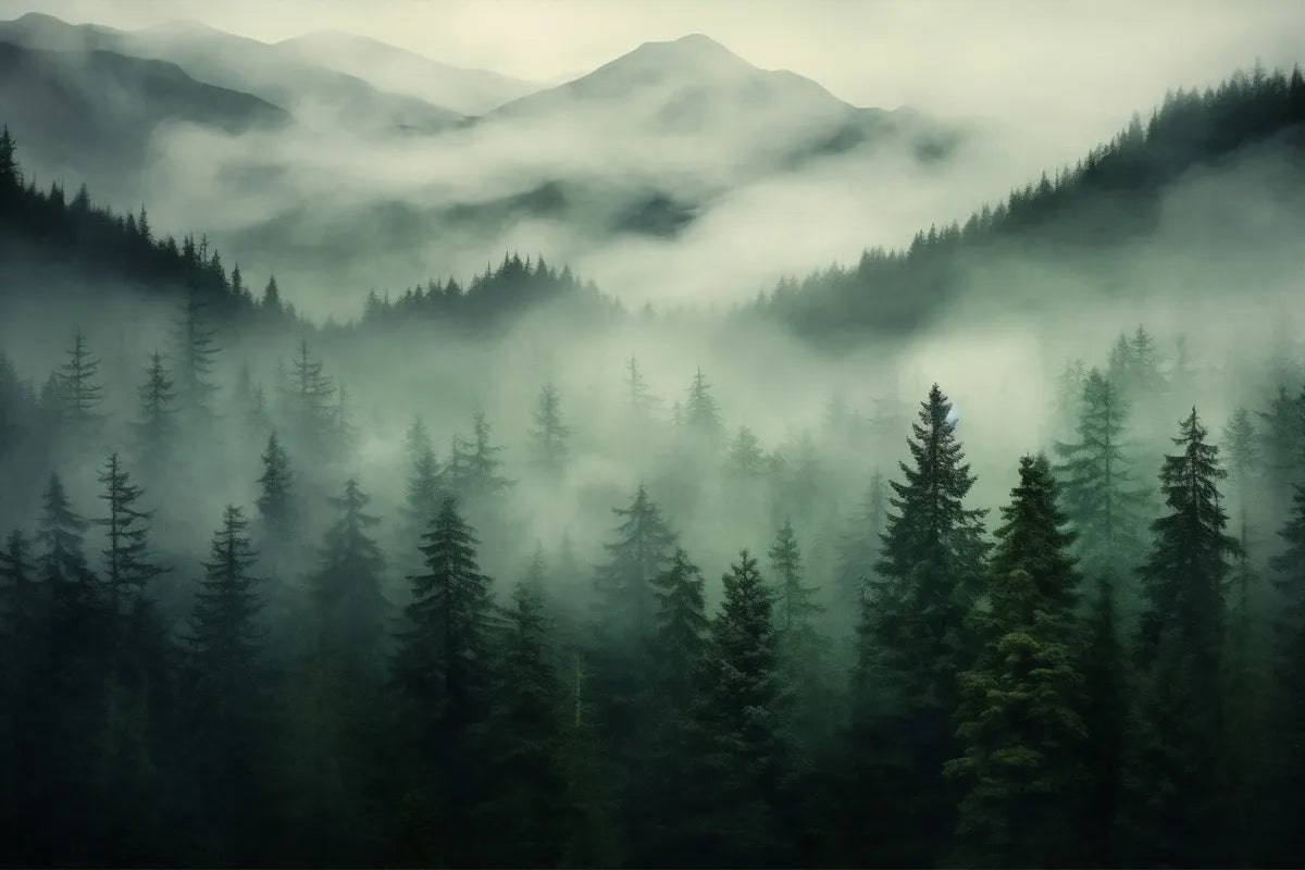 Papier peint paysage forêt brumeuse
