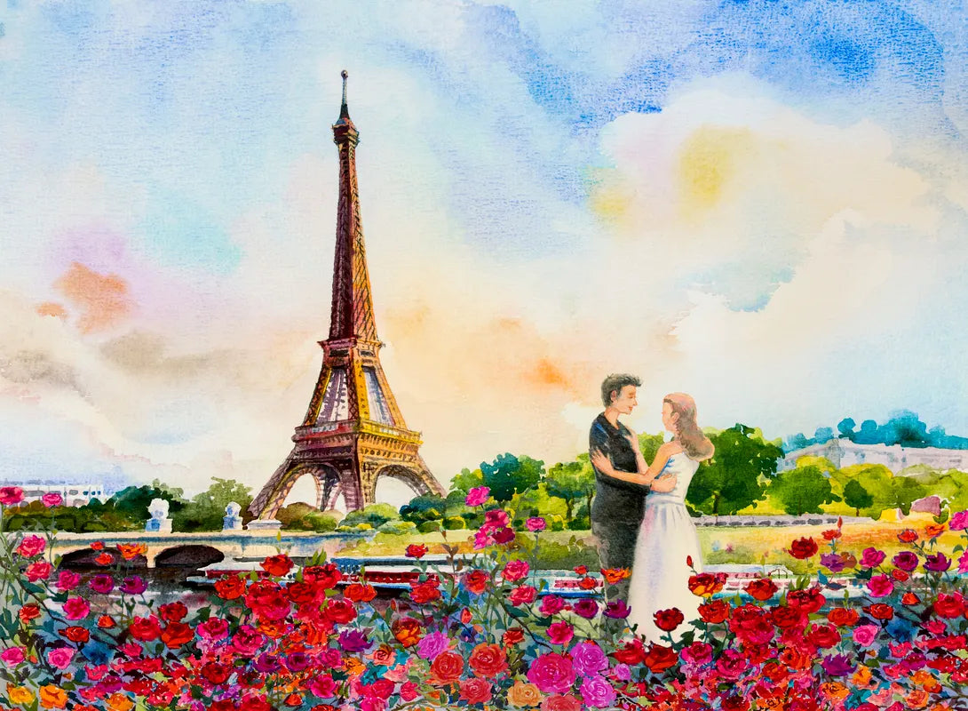 Papier peint panoramique tour eiffel et amoureux