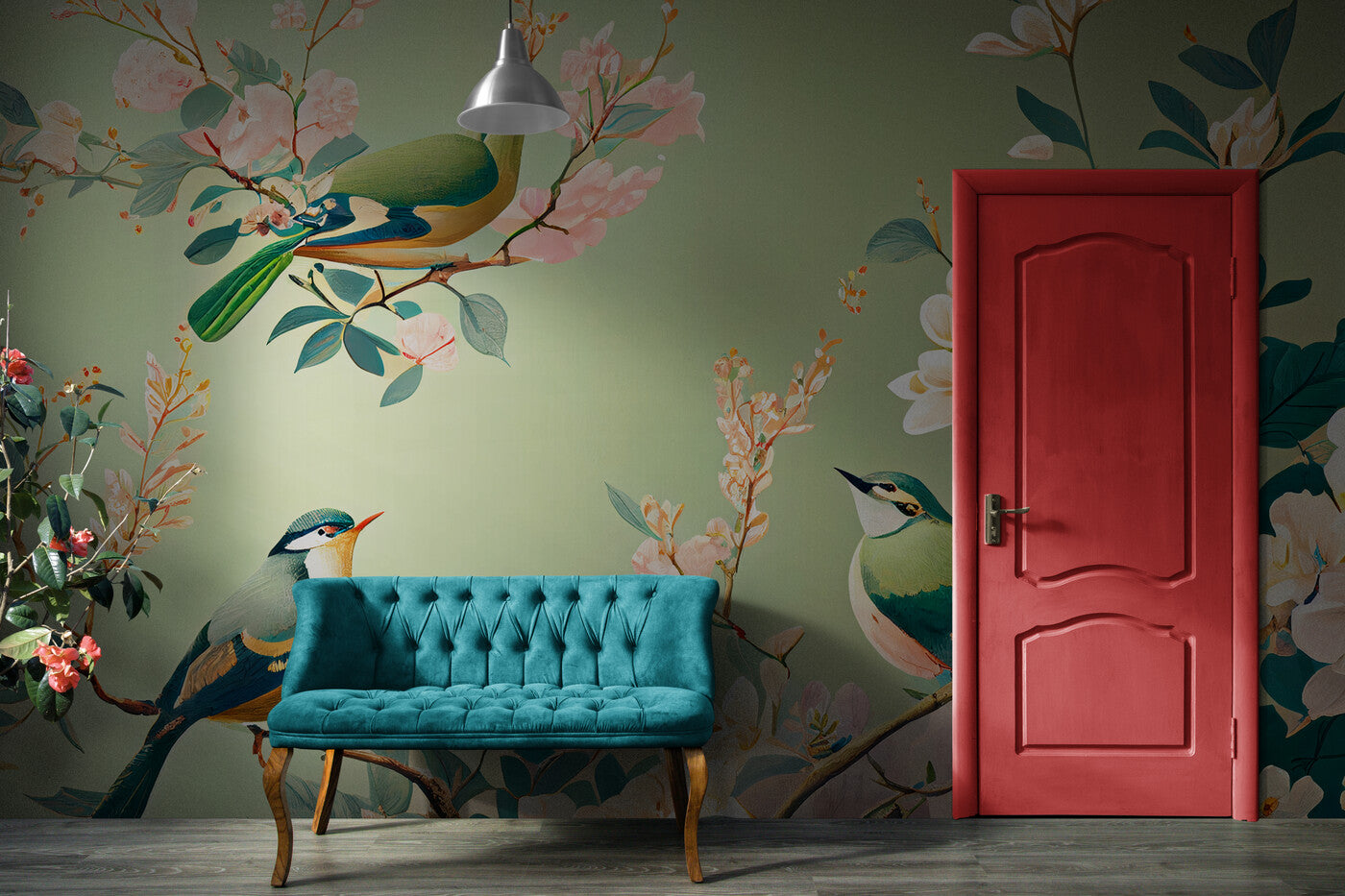 Papier peint cerisier fleuri et oiseaux