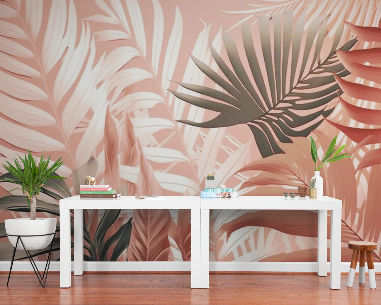 Papier peint feuillage tropical rose