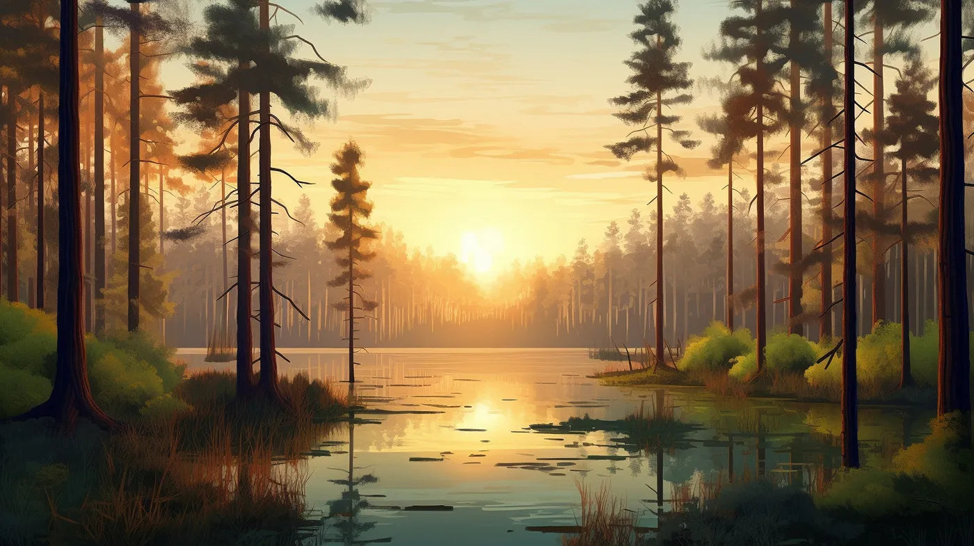 Papier peint paysage forêt et lever de soleil