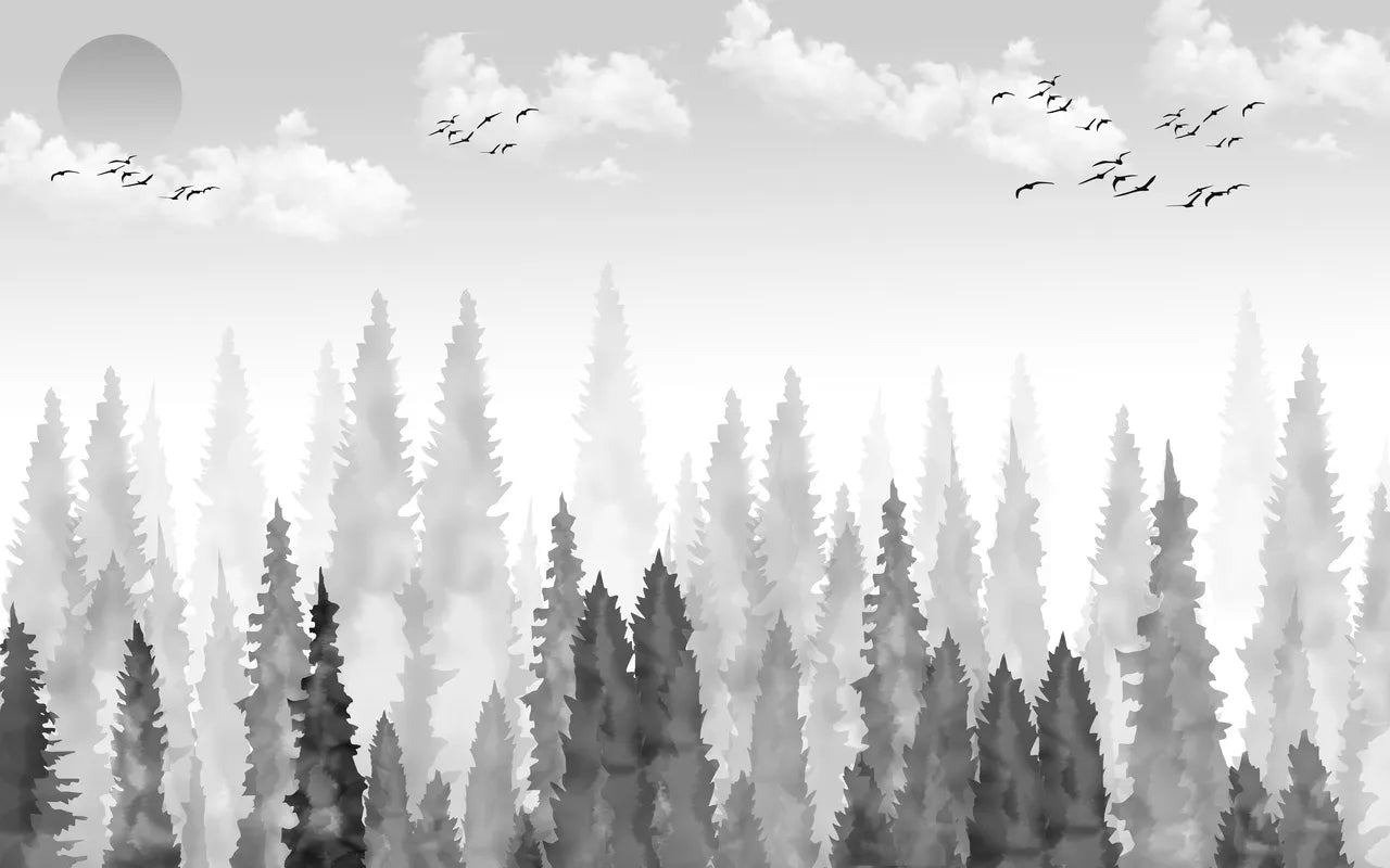 Papier peint noir et blanc forêt et oiseaux