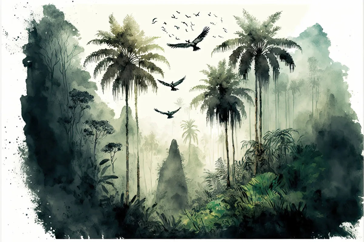 Papier peint panoramique forêt tropicale et animaux