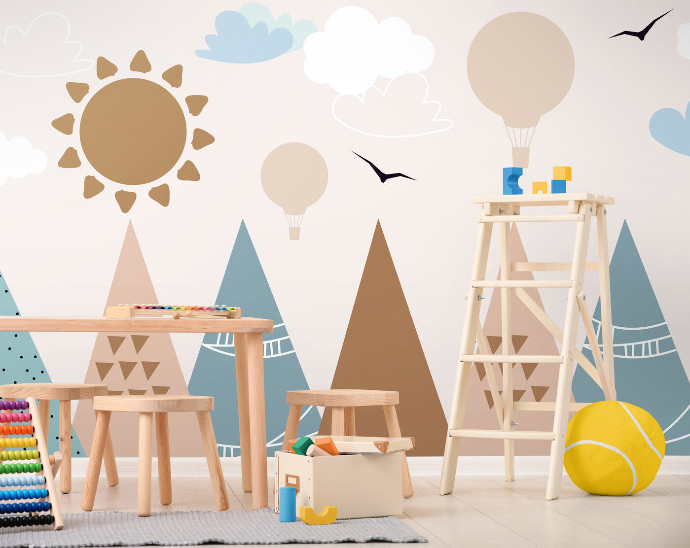 Papier peint enfant montagnes, soleil et montgolfières