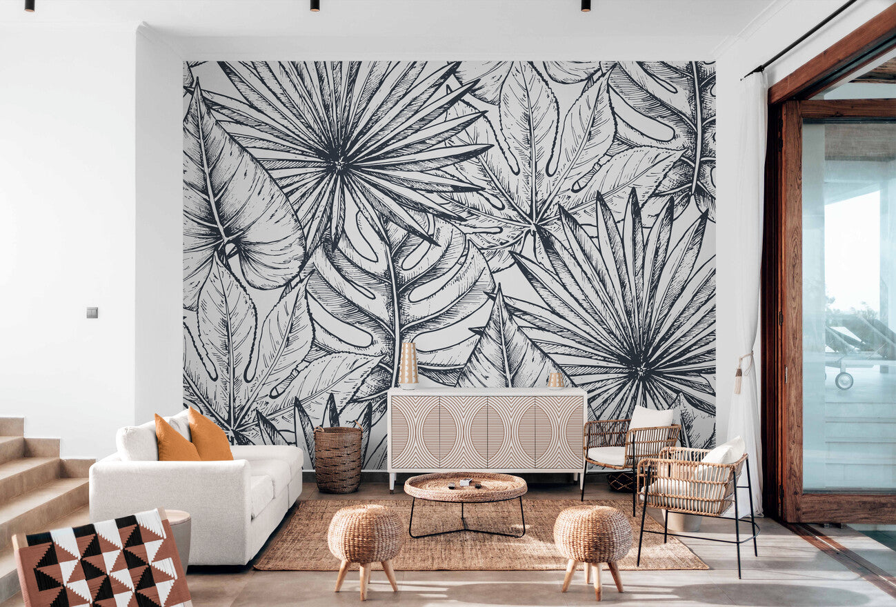 Papier peint feuillage tropical noir et blanc – Le monde du papier peint