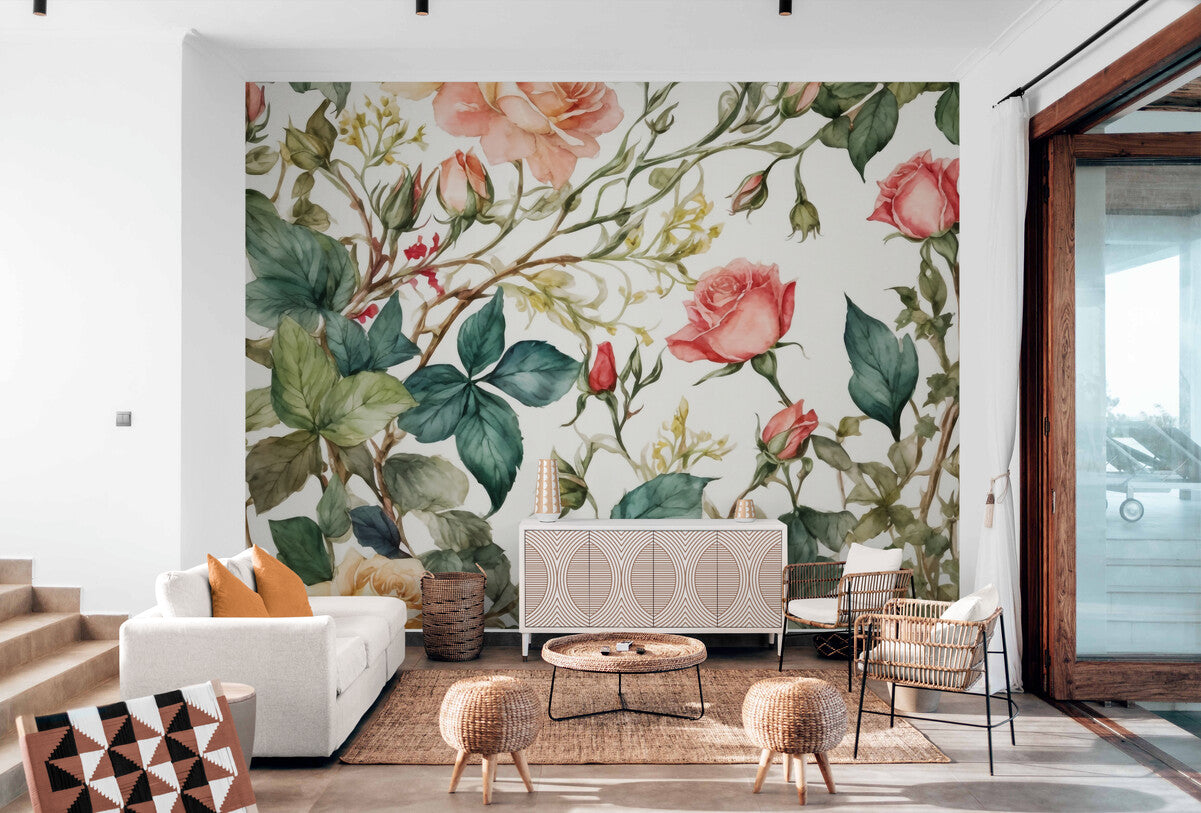 Papier peint vintage fleurs roses