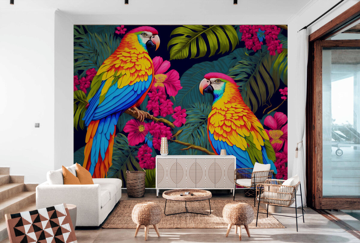 Papier peint plantes et oiseaux tropicaux