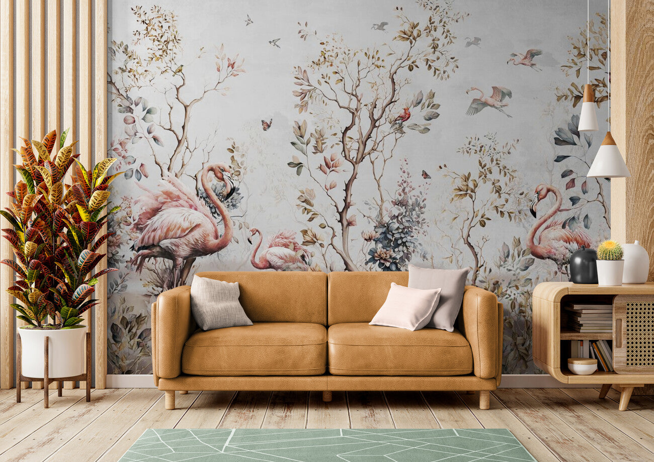 Papier peint flamant rose vintage tapisserie murale salon