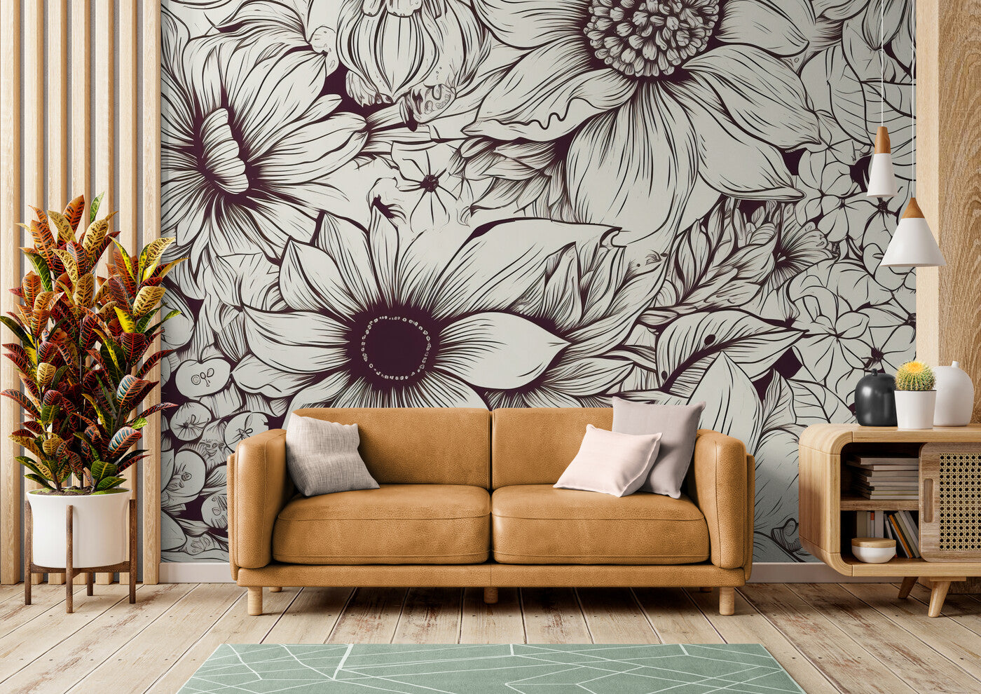 Papier peint floral noir et blanc