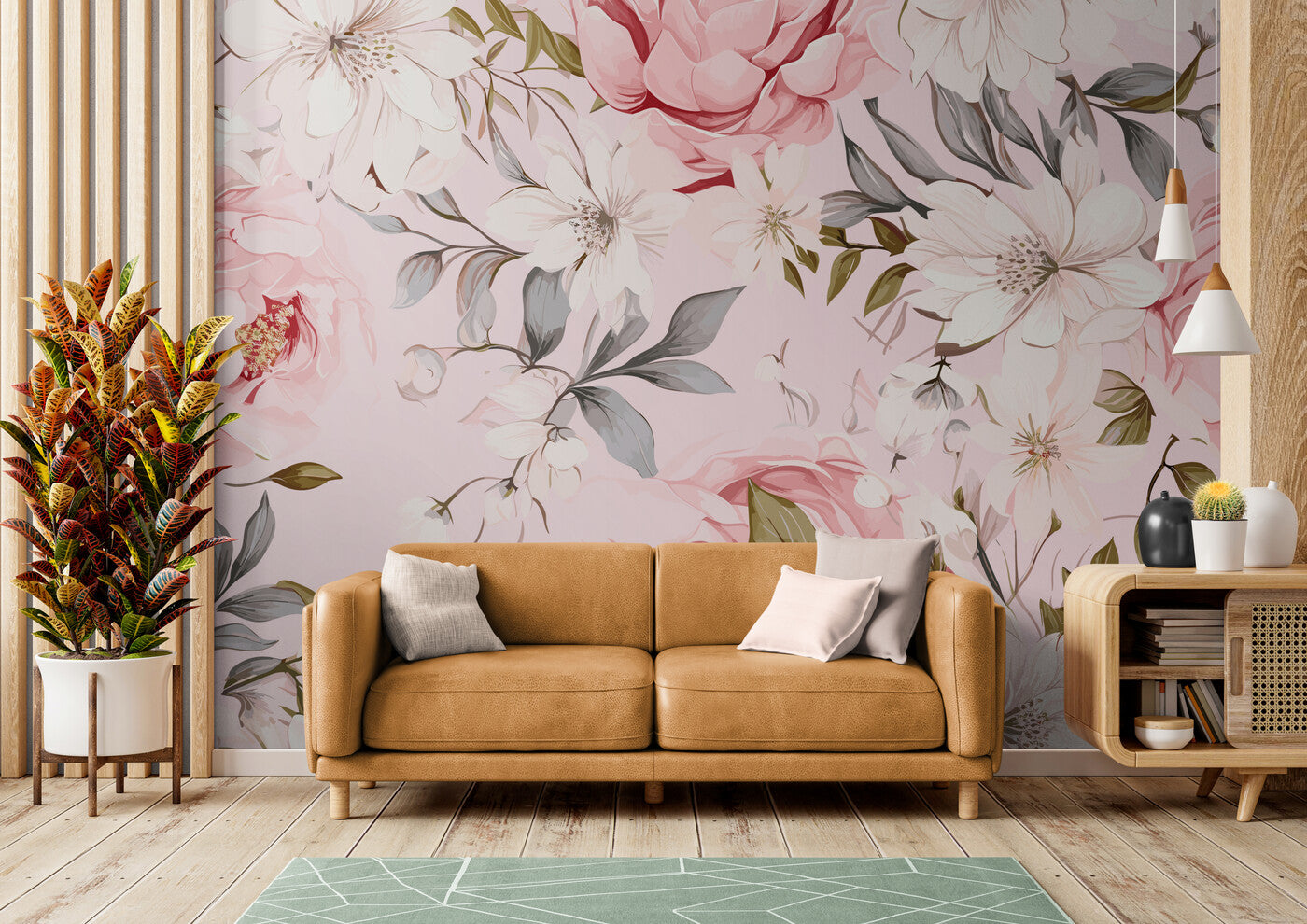 Papier peint fleuri vintage rose tapisserie murale salon