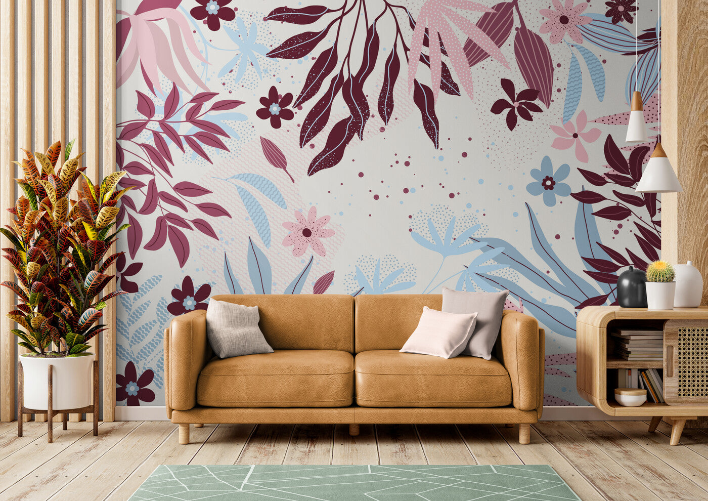 tapisserie Papier peint fleuri bleu et rose pièce salon