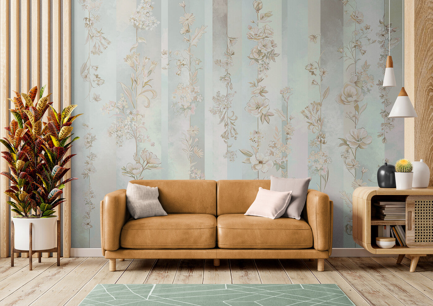 Papier peint floral rose, vert et bleu