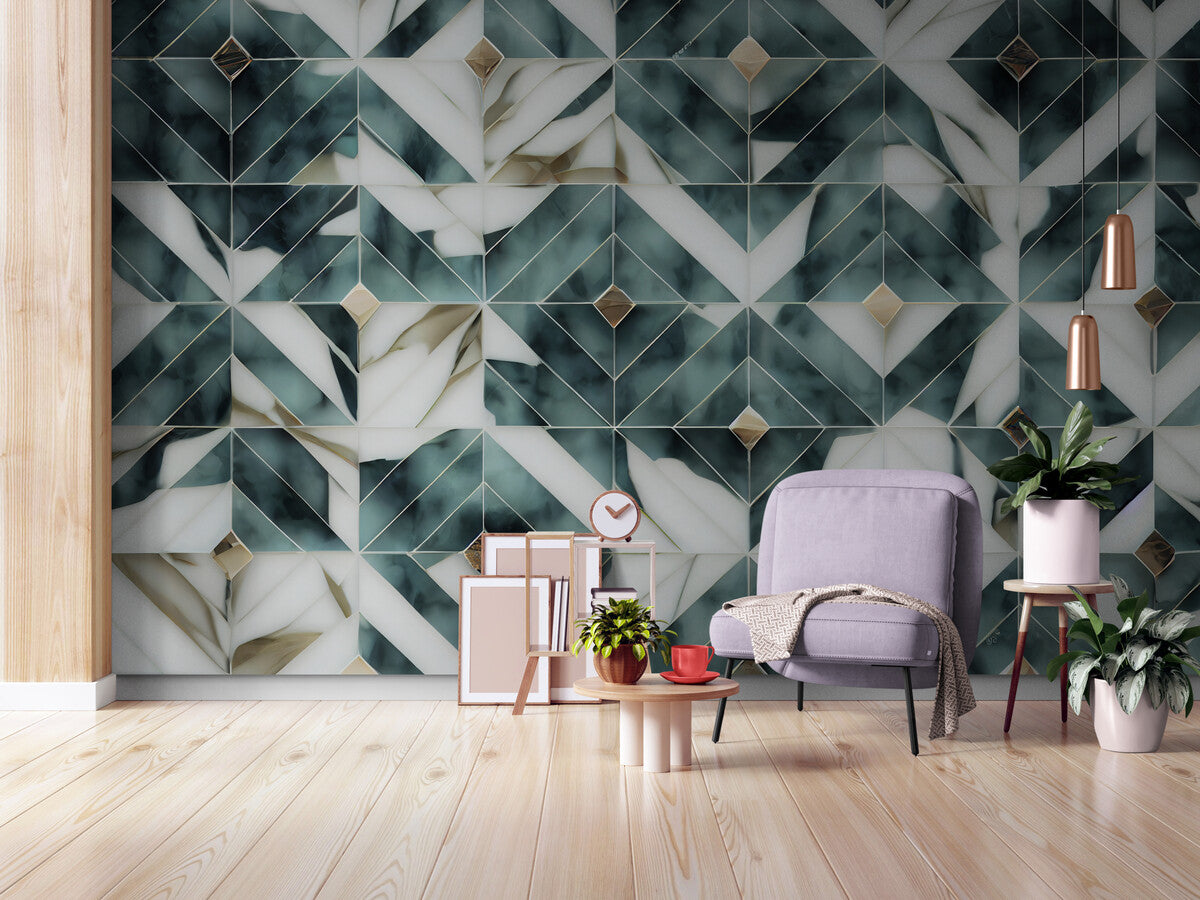 Papier peint géométrique design vert et doré