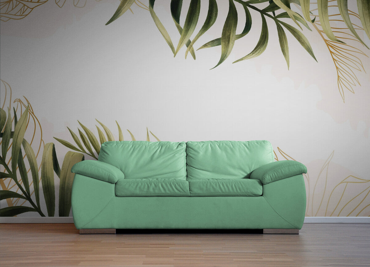 Papier peint feuillage tropical fond blanc