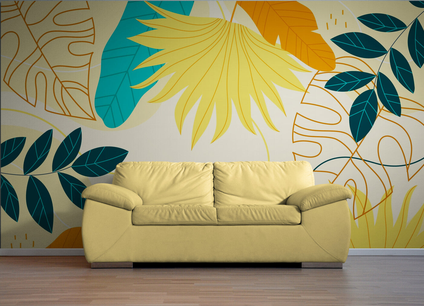 Papier peint feuillage tropical bleu, jaune et blanc