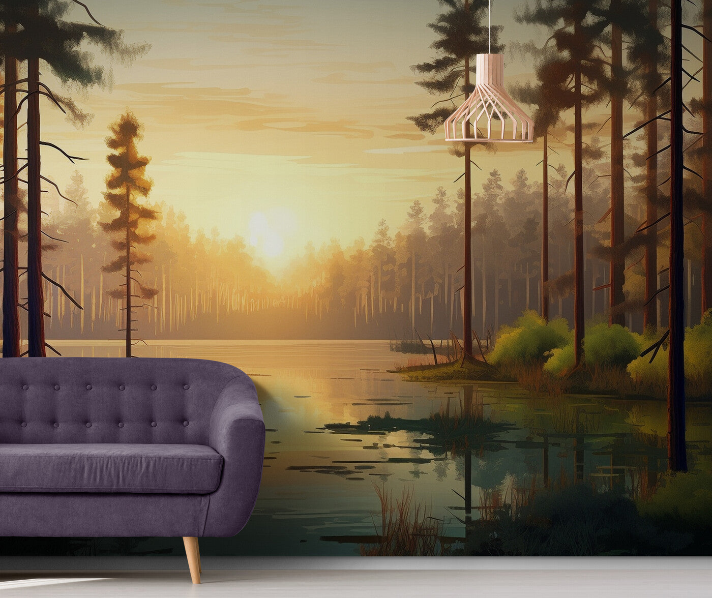 Papier peint paysage forêt et lever de soleil
