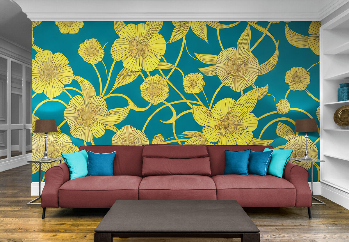 Papier peint vintage floral jaune