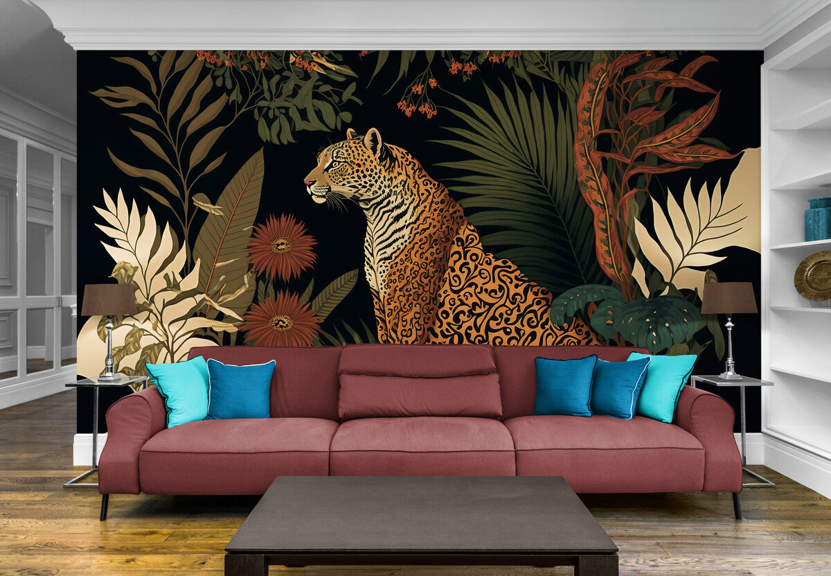 Papier peint plantes tropicales et tigre