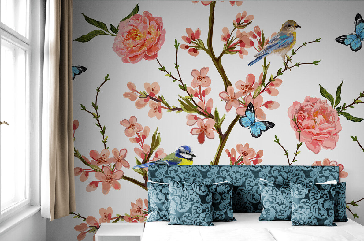 Papier peint nature oiseaux et feuilles d'arbres sur fond rosé Papier peint nature oiseaux et feuilles d'arbres sur fond rosé