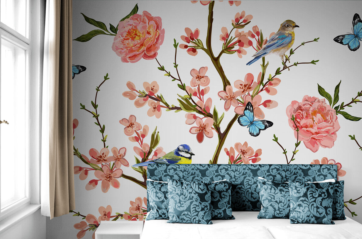 Papier peint oiseaux et fleurs tapisserie murale chambre