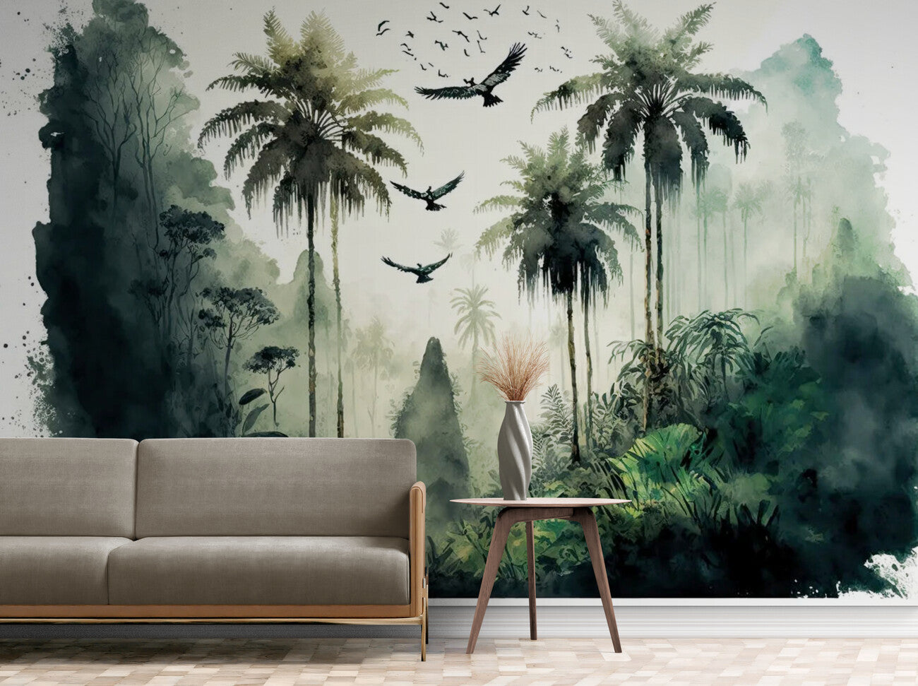 Papier peint panoramique forêt tropicale et animaux