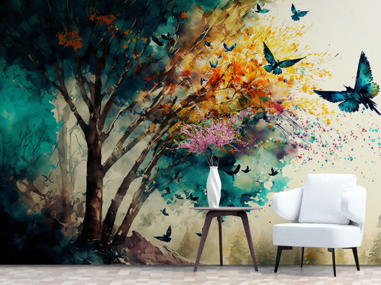 Papier peint arbres et papillons