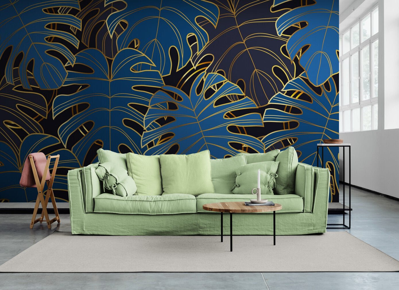 Papier peint feuillage tropical gris, bleu et doré