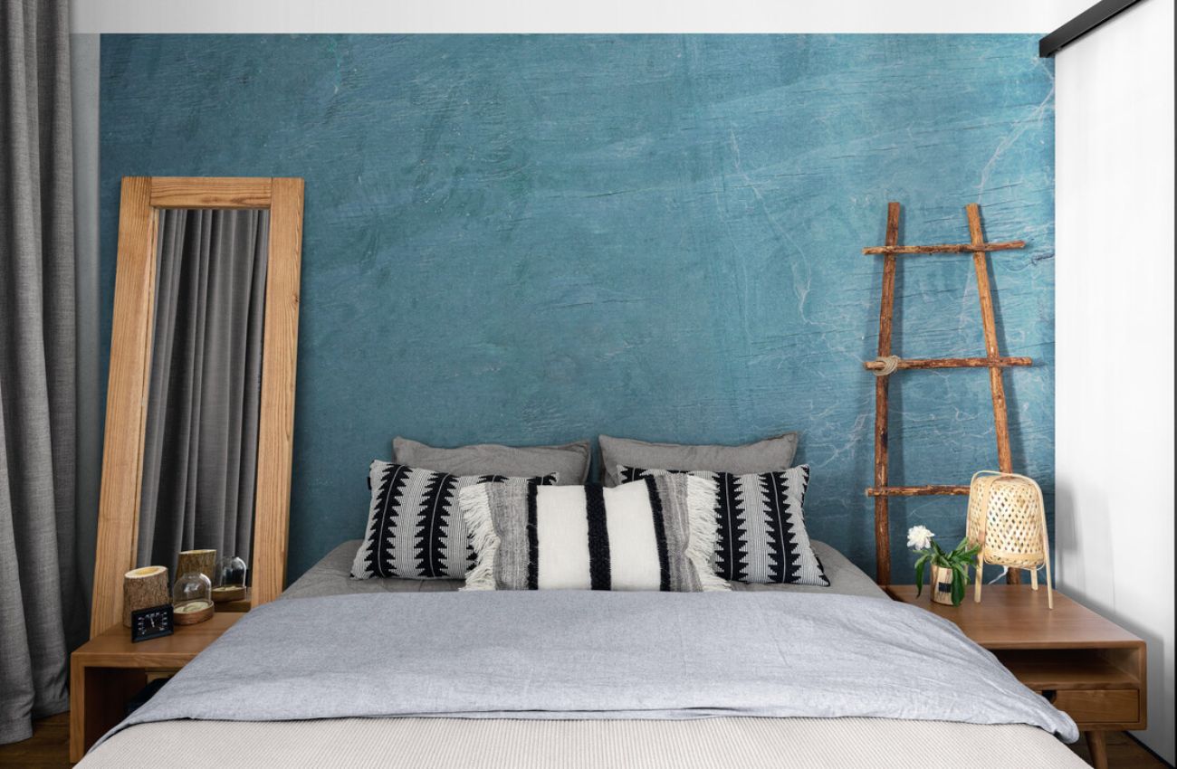 Papier peint bleu canard et gris mur chambre