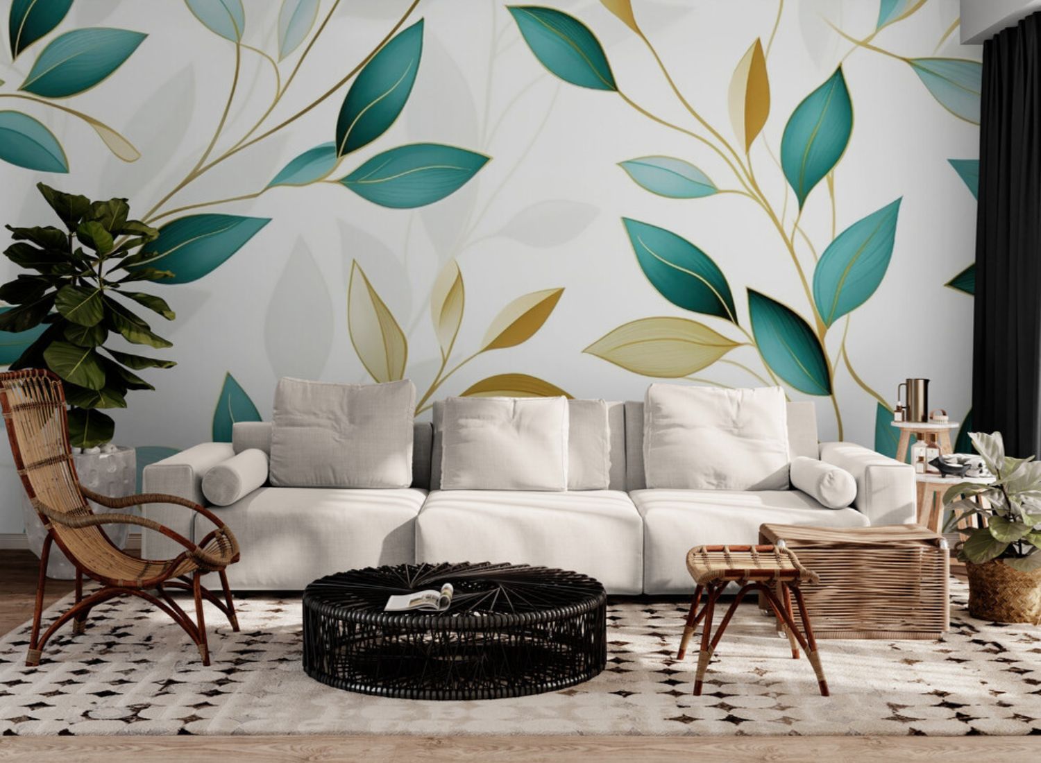 Papier peint feuillage vert et or tapisserie murale