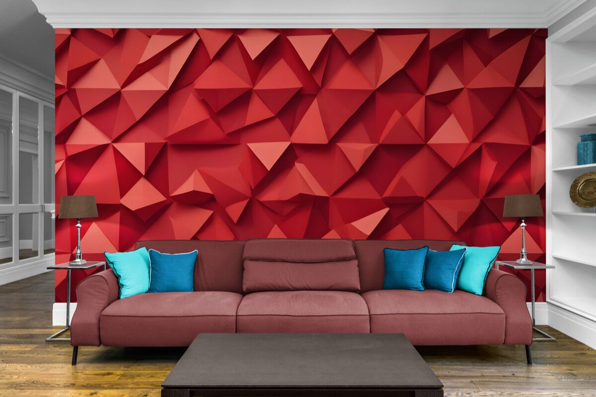 Papier peint géométrique rouge mur salon tapisserie