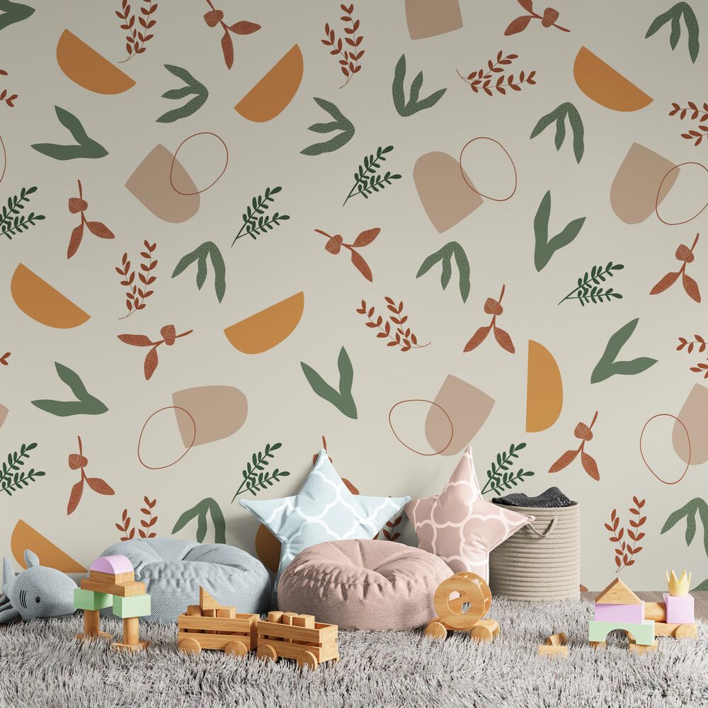 Papier peint imagination naïve terracotta murs salon