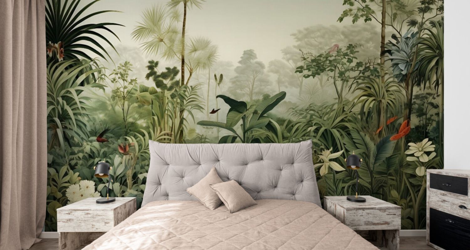 Papier peint tête de lit jungle chambre tapisserie