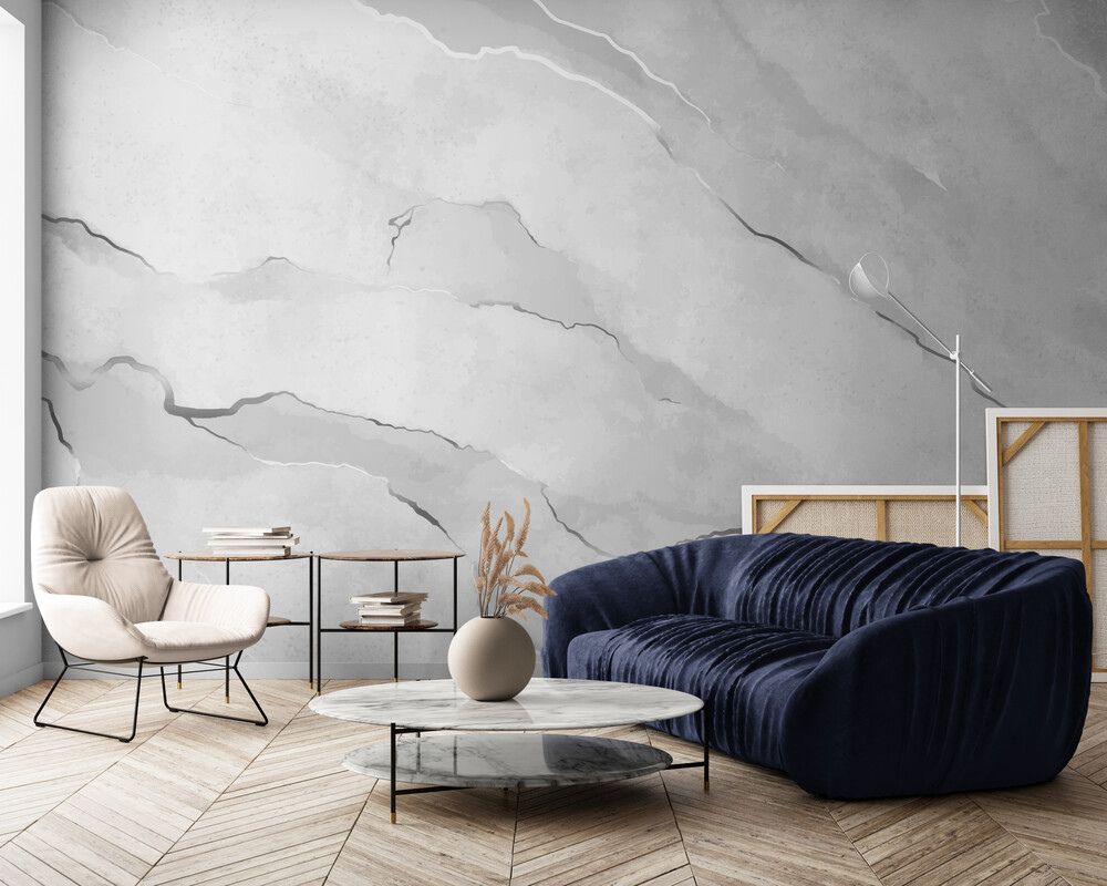 Papier peint marbre gris et blanc mur salon